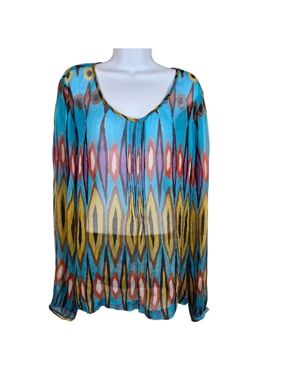 Tory Burch Silk Blouse Size 14 Blue Multicolor Ikat Print Sheer Long Sleeve Cove